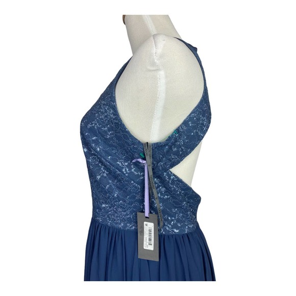 NWT Vera Wang Blue Fog Metallic Lace Full Length Halter Gown Size 6 - Picture 5 of 7